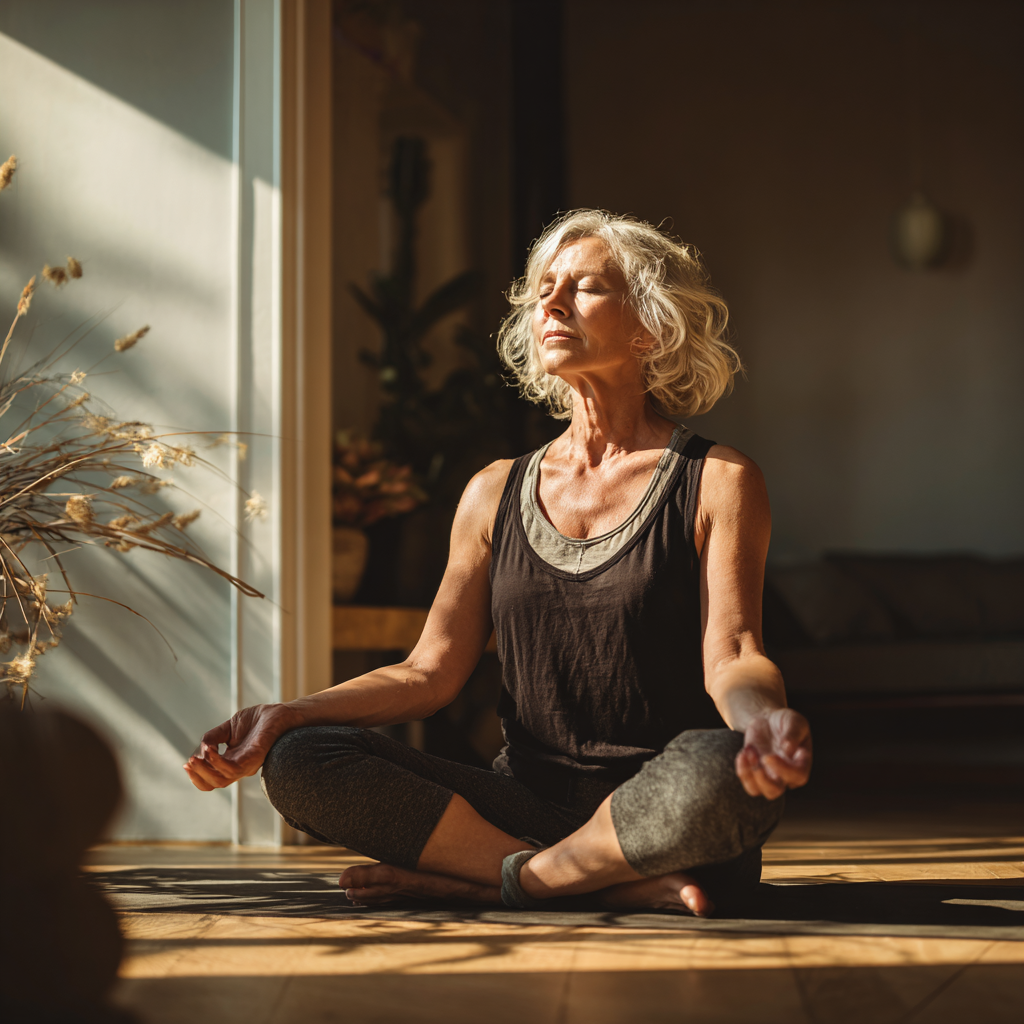 mature woman in peaceful lotus pose demonstrating flexibility and inner calm during yoga practice